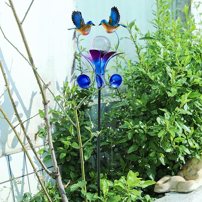 VCUTEKA Solar Lights Outdoor Metal Garden Stake Waterproof Crackle Glass Globe Garden Decor Blue Jay Bird for Pathway, Lawn, Patio, Yard-VerdiqueGarden