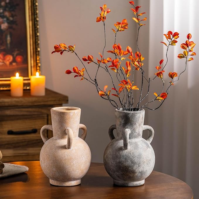 Beige Vintage Terracotta Ceramic Vase with Handles, Rustic Pottery Tulip Vase for Cottage Core Home Mantle Decor, Large Bulk Flower Vases Farmhouse Table Centerpieces, Jarrones Decorativos para Sala-VerdiqueGarden
