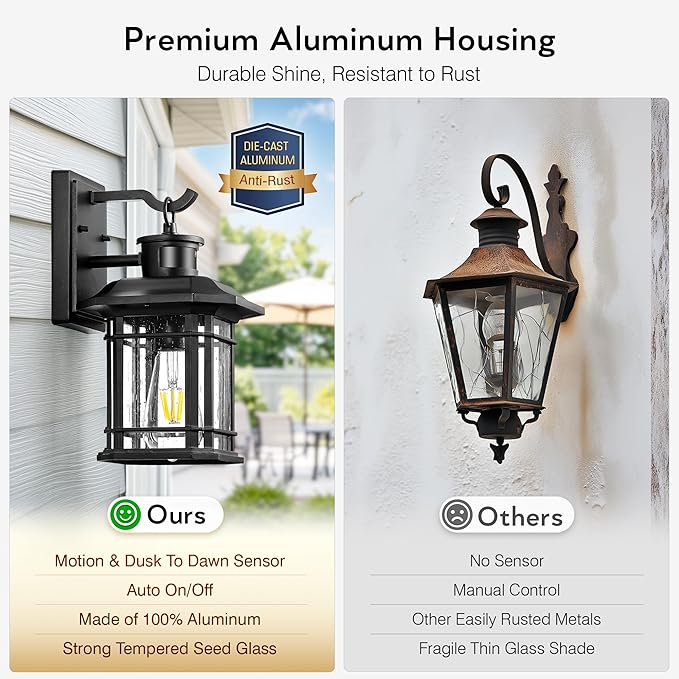 Outdoor Light Fixture With Motion Sensor, Dusk To Dawn Modern Exterior Porch Lights Wall Mount, Anti-rust 100% Aluminum Outdoor Wall Lantern, Black Farmhouse outdoor wall light For Garage Backyard-VerdiqueGarden