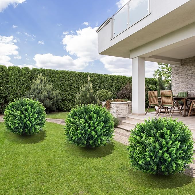 Artificial Topiary Tree with Eucalyptus, Set of 2 UV Resistant 17in Miniature Trees, Outdoor for Porch, Fake Bonsai Topiaries, Greenery Balls, Faux Shrubs for Planters, Curb Appeal Decor-VerdiqueGarden