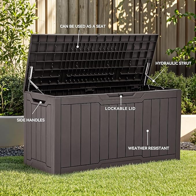 YITAHOME 80 Gallon Outdoor Storage Box, Large Water Resistant Resin Deck Box, Indoor Outdoor Lockable Storage Container for Patio, Garden, Cushions, Tools, Equipment (Dark Brown)-VerdiqueGarden