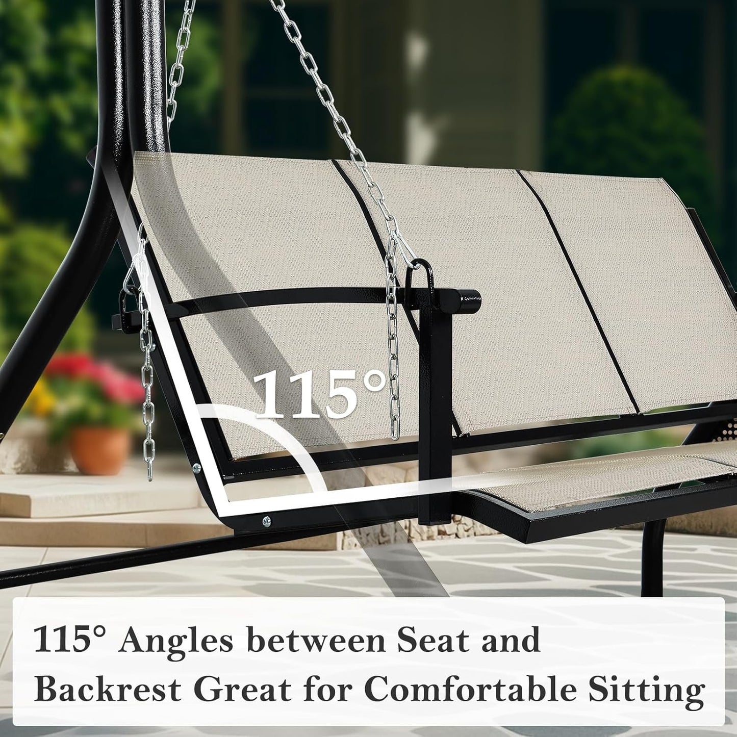 Textilene 3 Seat Hanging Swing, 5.2FT Patio Bench Swing, 660lbs Heavy Duty Outdoor Porch Swing with Hanging Chains for Courtyard, Garden, Tree, Yard-VerdiqueGarden