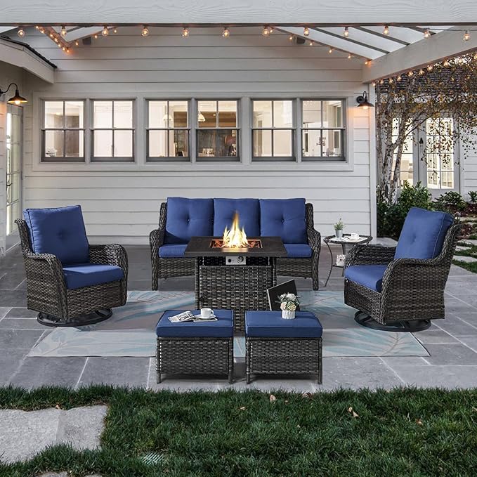 Outdoor Patio Furniture Set with Propane Fire Pit Table, 7 Pieces Wicker Patio Conversation Set with 2 Swivel Glider Rocker Chairs Rattan Sofa Blue Cushion Perfect for Casual Gathering Gray-VerdiqueGarden