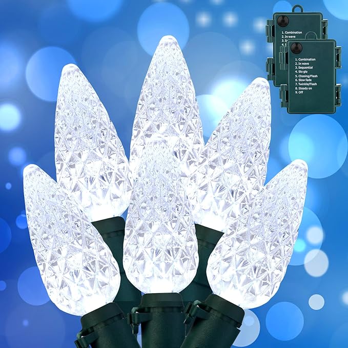 C6 LED Christmas String Lights, 20 ft 60 LED Battery Operated Faceted Strawberry Lights, Waterproof for House Roof Roofline Christmas Tree, White, 2 Pack-VerdiqueGarden