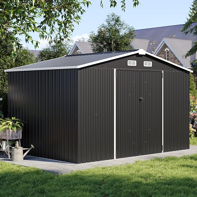 Aoxun 9.4x7.3x6.5 FT Outdoor Storage Shed with Base Outdoor Metal Shed for Tool, Garden, Bike, Placed in Patio, Garden Base Included (Black)-VerdiqueGarden