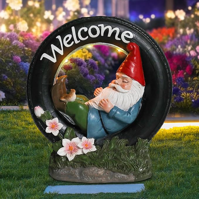 WONDER GARDEN Gnome Garden Decor for Outside - Welcome Gnome Solar Powered LED Light Outdoor Decor, Gnomes Statues Outdoor Funny Resin Garden Sculpture Decorations for Patio, Lawn-VerdiqueGarden