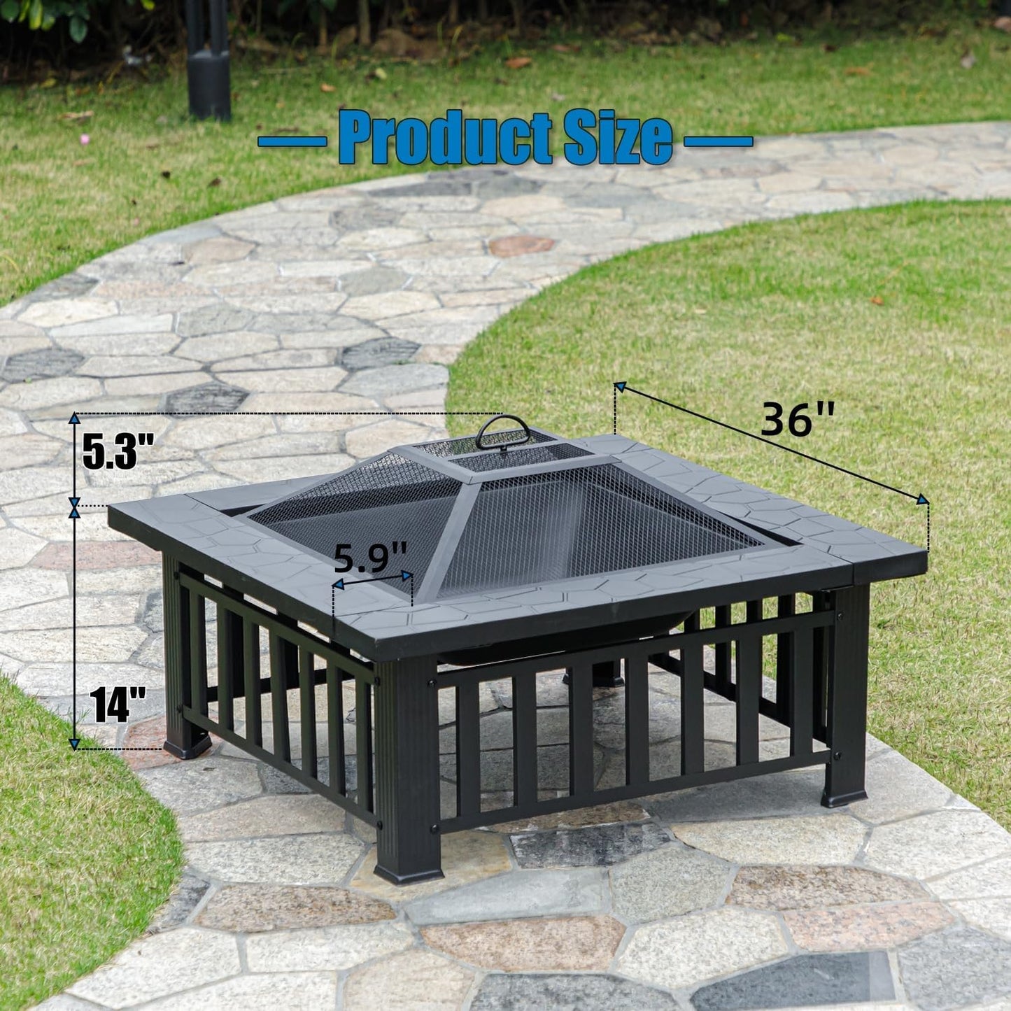 Multifunctional Fire Pit Table 36 inch Square Metal Firepit Stove Backyard Patio Garden Fireplace for Camping, Outdoor Heating, Bonfire and Picnic-VerdiqueGarden