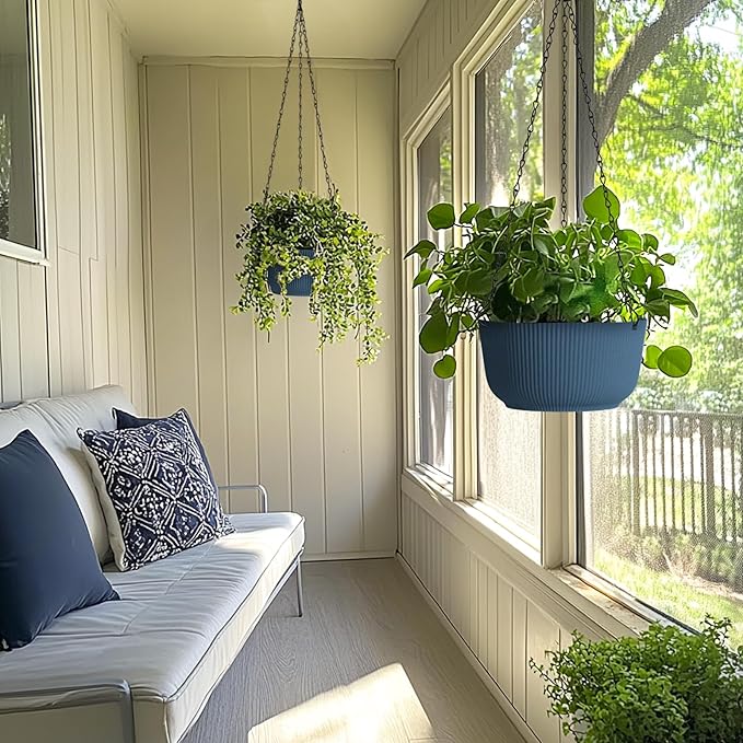 T4U 12 Inch Large Hanging Planters for Outdoor Plants, 2 Pack Self Watering Hanging Pots Indoor, Hanging Baskets for Plants,Hanging Flower Pot with Drainage Hole and Plant Hanger, Blue-VerdiqueGarden
