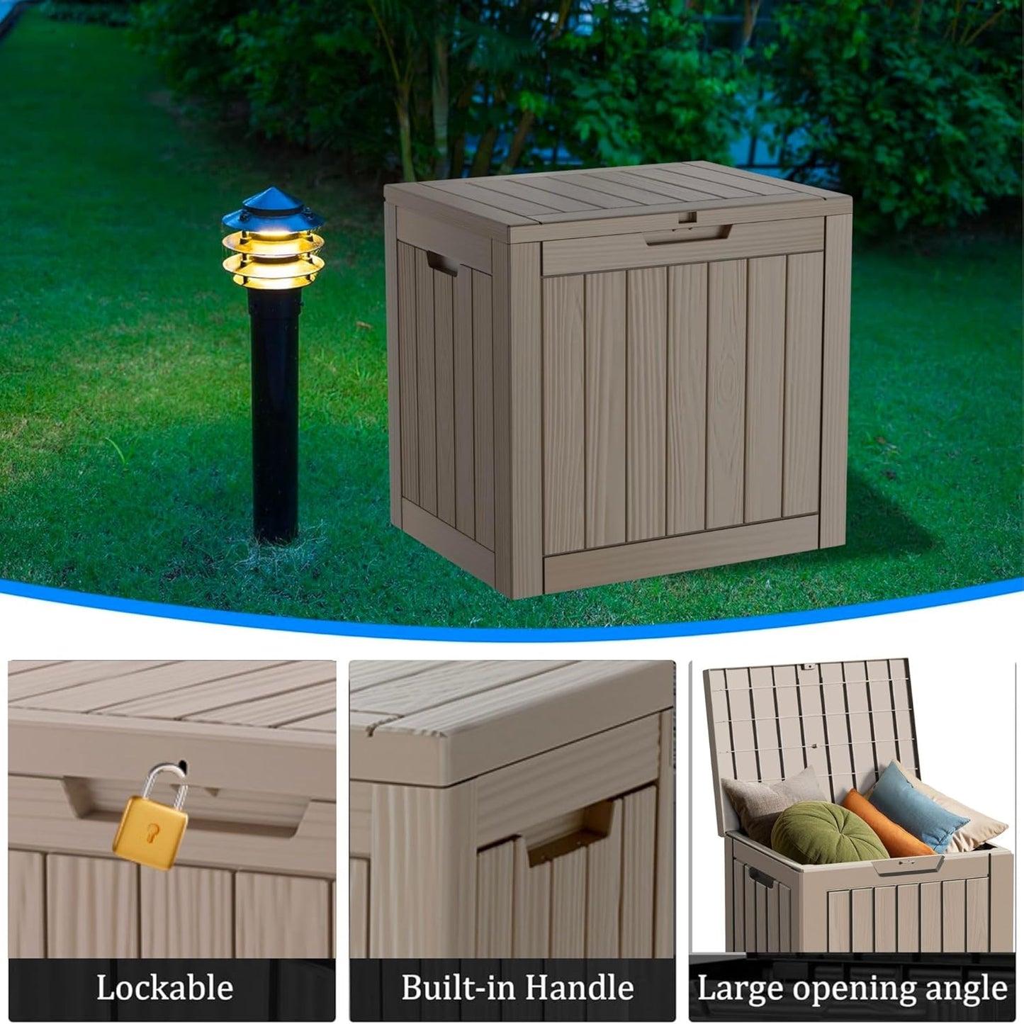 30 Gallon Waterproof Deck Box, Lockable Resin Storage Box for Patio Furniture Cushions Garden Tools and Outdoor Delivery Storage, Coffee-VerdiqueGarden