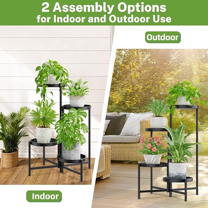 iDavosic.ly 4 Tier Large Plant Stand Indoor with 10 Inch Wide Tray, Tiered Corner Metal Outdoor Flower Display Holder Shelf, Folding Tall Rack for Patio Porch Living Room, Modern Black-VerdiqueGarden
