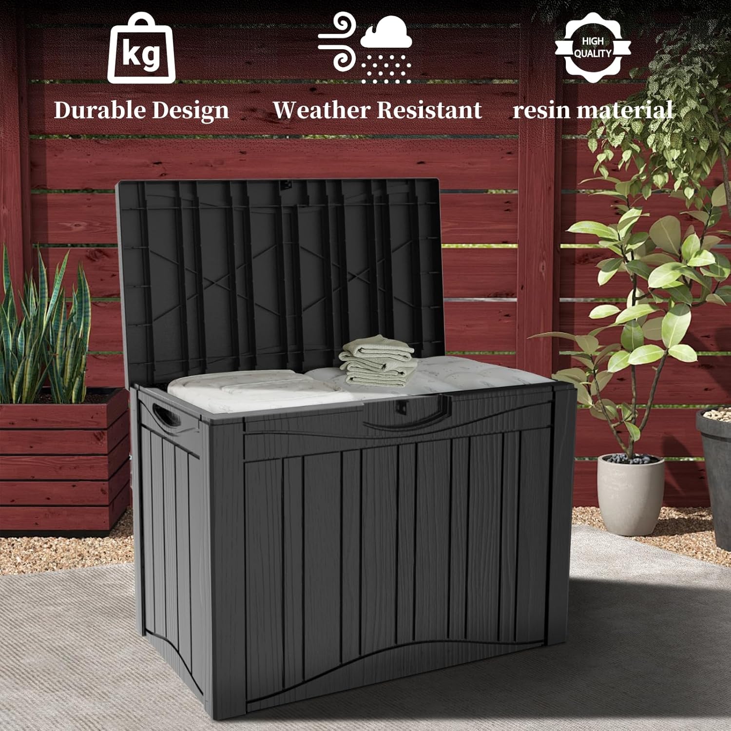 50 Gallon Heavy Duty Outdoor Deck Box with Lockable Lid, All Weather Waterproof Storage for Patio Cushions, Pool Toys, Garden Tools - Rust-Proof Resin Design (Black)-VerdiqueGarden