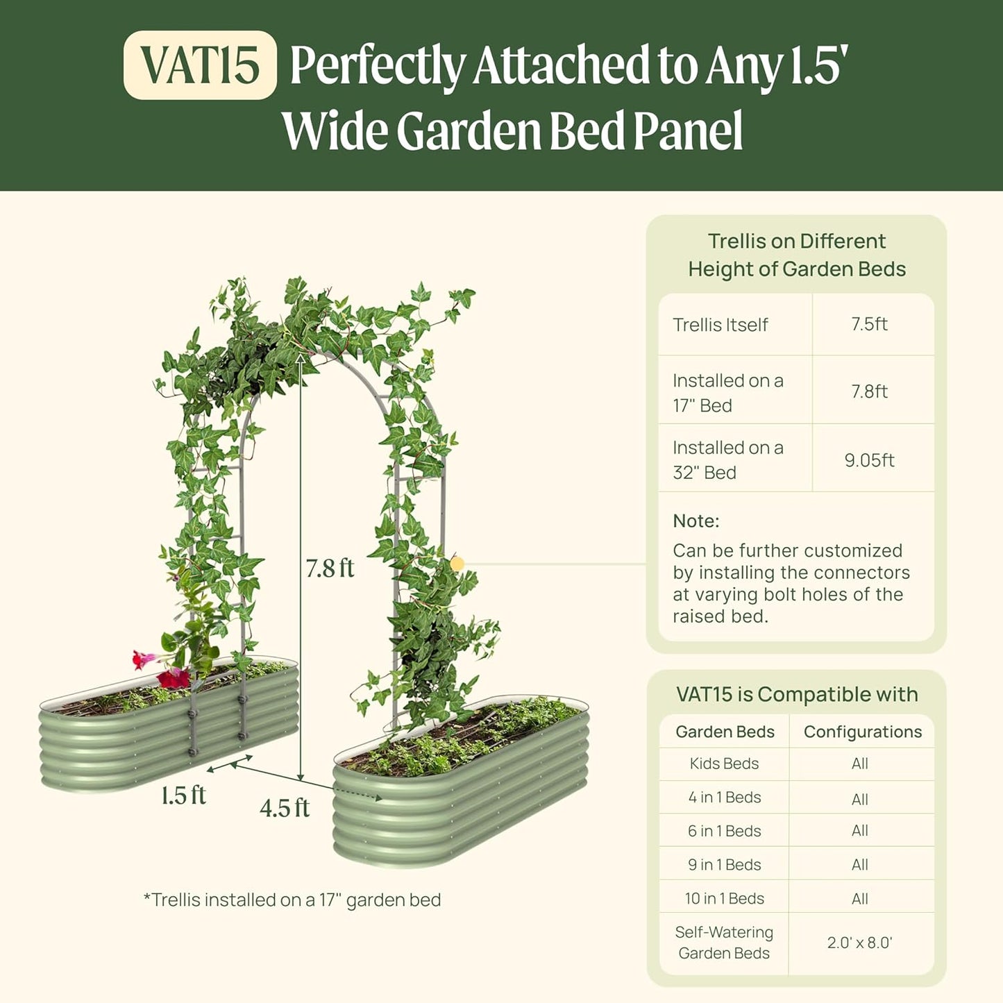Vego Garden Modular Arched Trellis System Single Section 1.5' Long Trellis for Garden Bed 2.0’ x 3.5’(Kids Bed) and 3.5’ x 3.5’(4 in 1)-VerdiqueGarden