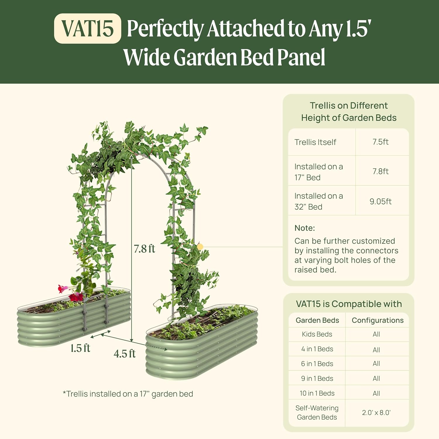 Vego Garden Modular Arched Trellis System Single Section 1.5' Long Trellis for Garden Bed 2.0’ x 3.5’(Kids Bed) and 3.5’ x 3.5’(4 in 1)-VerdiqueGarden