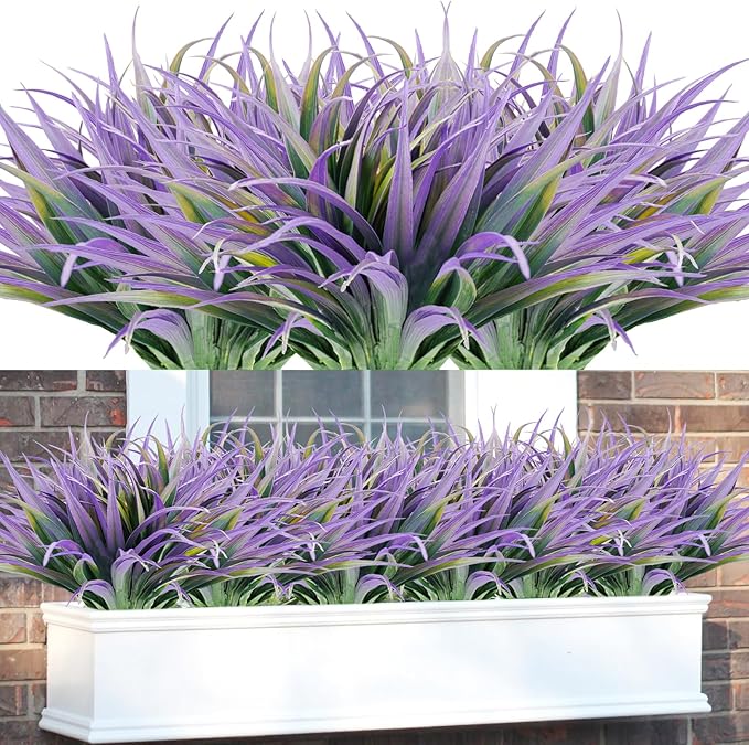 16Pcs Artificial Grass Fake Plants 17.3in Outdoor Plants UV Resistant Faux Greenery Stems Fake Grass for Home Window Garden Office Patio Pathway Front Porch Halloween Décor Green & Purple-VerdiqueGarden
