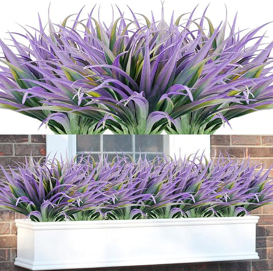 16Pcs Artificial Grass Fake Plants 17.3in Outdoor Plants UV Resistant Faux Greenery Stems Fake Grass for Home Window Garden Office Patio Pathway Front Porch Halloween Décor Green & Purple-VerdiqueGarden