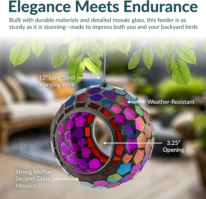 Sunnydaze 6-Inch Glass Mosaic Hanging Bird Feeder for Outdoors - Fly-Through Wild Bird Feeder - Iridescent Purple Mosaic-VerdiqueGarden