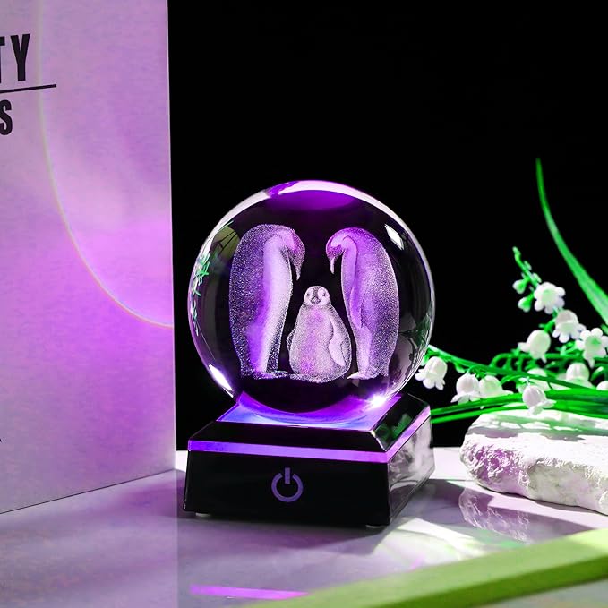 Penguin Gifts for Women 3D Crystal Ball 3.14'' - Laser Penguin Decor Glass Animals Penguin Gifts Figurines Statue Stuff for Room Decorations Penguin Night Light-VerdiqueGarden