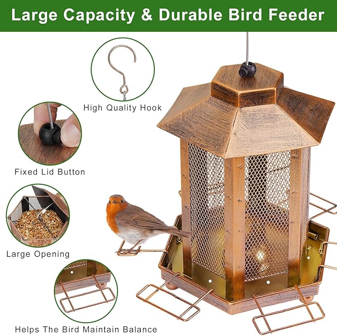 Lantern-Shaped Metal Bird Feeder for Outdoor Hanging, 3.5LB Large Capacity, Garden Decoration - Attracts Wild Birds, Durable Outdoor Bird Feeding Station for Garden Yard Outside Backyard-VerdiqueGarden