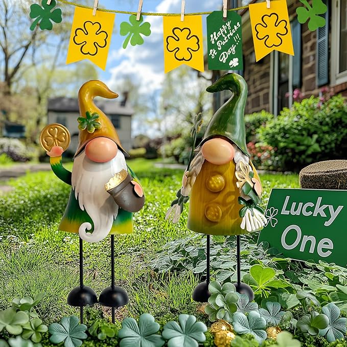 HONGLAND St.Patricks Day Decorations Outdoor Green Gnomes, Metal Gnomes Figurine Irish Leprechaun St Patricks Day Decor, Luck Shamrock Gnome for Home Outside Garden Lawn Party Yard Patio (18 INCH)-VerdiqueGarden