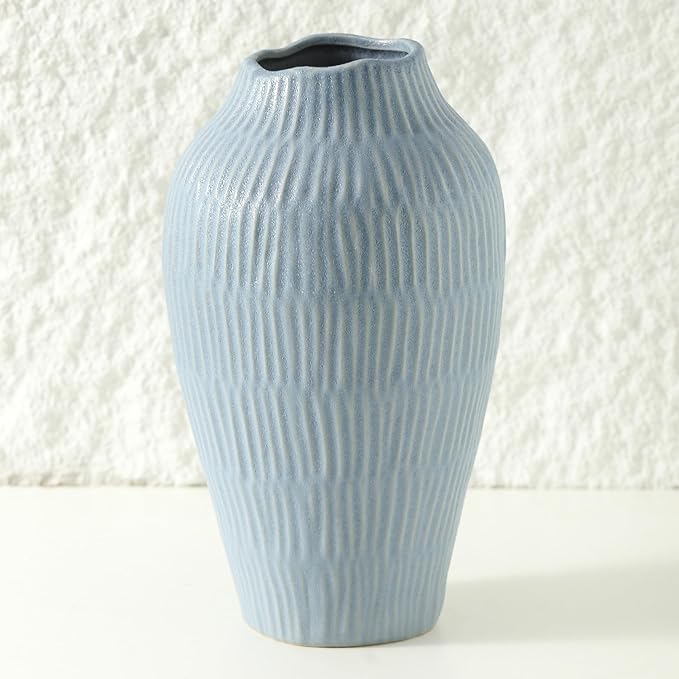 Ceramic Vase for Home Decor,11.6 Inch Flower Vases，Decorative Blue Vase for Pampas Grass，Modern Art Texture Vases for Home Entryway Living Room Dining Table Farmhouse Office Decor-Mat Blue-VerdiqueGarden