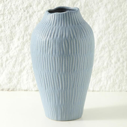 Ceramic Vase for Home Decor,11.6 Inch Flower Vases，Decorative Blue Vase for Pampas Grass，Modern Art Texture Vases for Home Entryway Living Room Dining Table Farmhouse Office Decor-Mat Blue-VerdiqueGarden