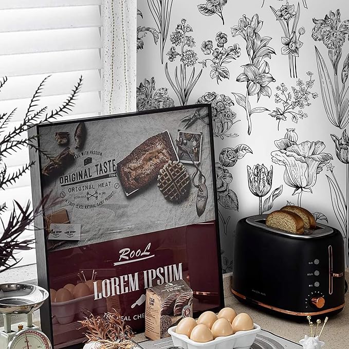 Dimoon 393"x17.3" Floral Peel and Stick Wallpaper White Contact Paper Waterproof Black Lines Wallpaper Vintage Flower Thicken Plant Self Adhesive Removable Wall Covering Shelf Liner Decal Vinyl Roll-VerdiqueGarden