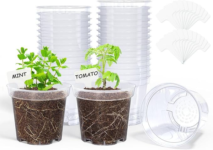 homenote Clear Nursery Pots for Plants,4 Inch Plant Pot for Planting Plastic Seedling with Drainage Holes Seed Starter Flower High Transparency with 20 Labels (30 Pack)-VerdiqueGarden