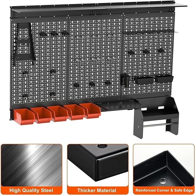 TORACK Metal Pegboard Wall Organizer 4ft Wide, Tool Storage Pegboard System for Garage with Accessories, Wall Mount Storage Bins, Shelves, Peg board Tool Organizer Kit for Workbench(Black)-VerdiqueGarden