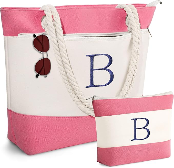 YOOLIFE Beach Bags for Women - Initial Tote Waterproof Bag with Makeup Bag, Mothers Day Gifts for Women Mom Friend Birthday-VerdiqueGarden