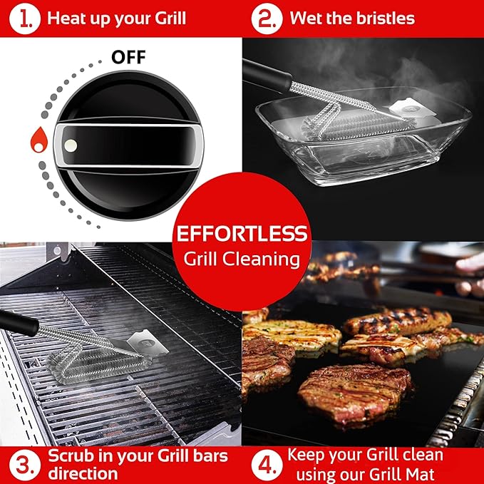 KITCHEN PERFECTION Safe Wire Grill Brush for Outdoor Grill w/Grill Scraper & Grill Mat Grill Cleaning Kit -Extended Handle BBQ Brush for Effortless Grill Cleaning Grill Cleaner Brush Barbecue Tools-VerdiqueGarden