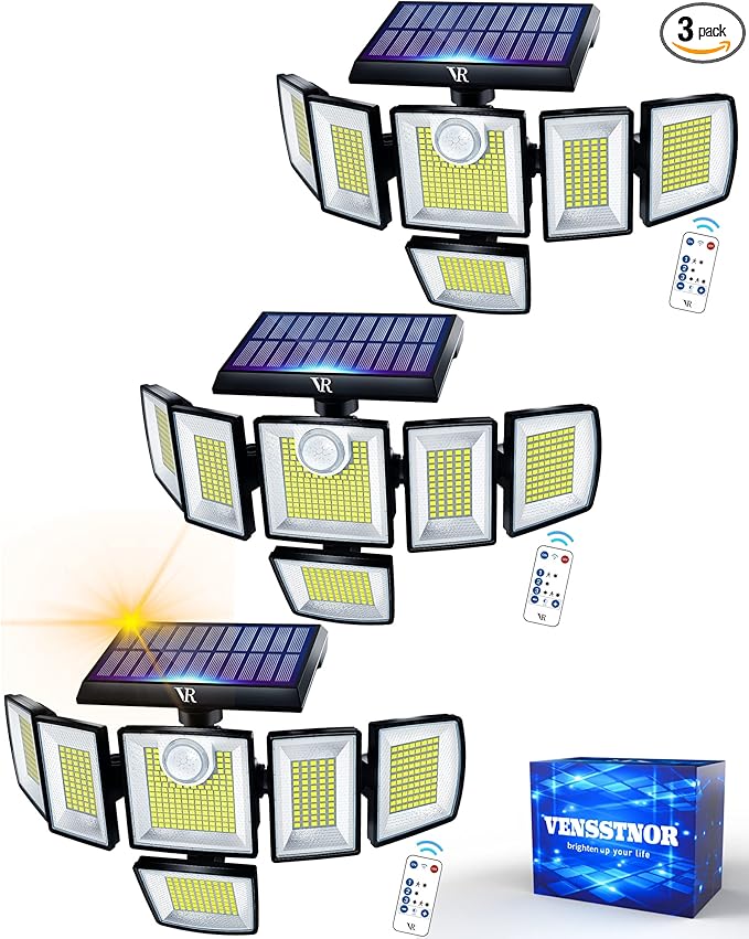 Solar Motion Sensor Flood Lights Outdoor - 496LEDs 3500LM 3 Lighting Modes 3 Levels Brightness, 6 Heads 360° Illumination, IP65 Solar Security Lights,for Porch Yard Patio Garage(3 Packs)-VerdiqueGarden