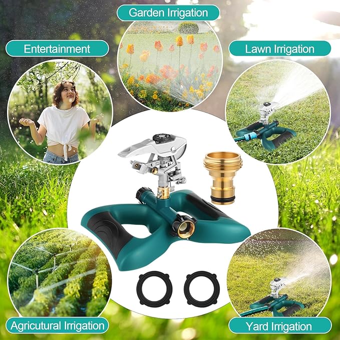 1 Packs Lawn Impact Sprinkler Heavy Duty Rotating Adjustable Pulsating Water Sprinkler Head with Metal Base, Adjustable Spraying Area and Distance for Large Area Garden Lawn Yard Irrigation-VerdiqueGarden
