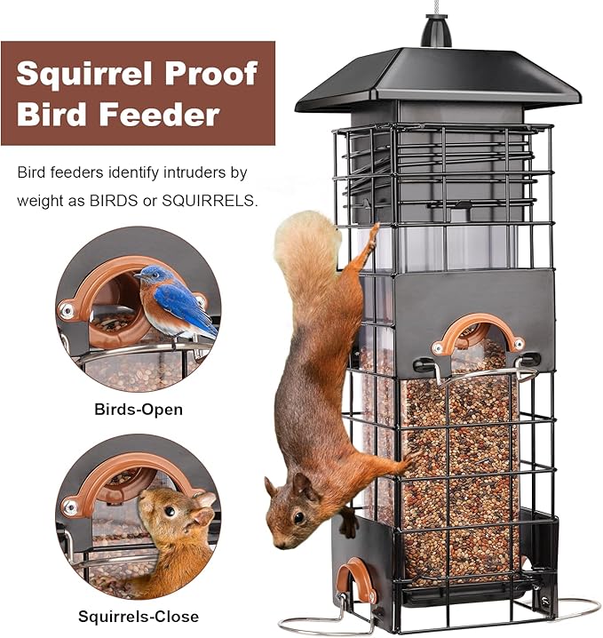Squirrel Proof Bird Feeder - Metal Outdoor Design with 4 Feeding Ports, Wild Bird Feeders for Outside, 2.5lb Large Capacity, Ideal Gift for Bird Lovers-VerdiqueGarden