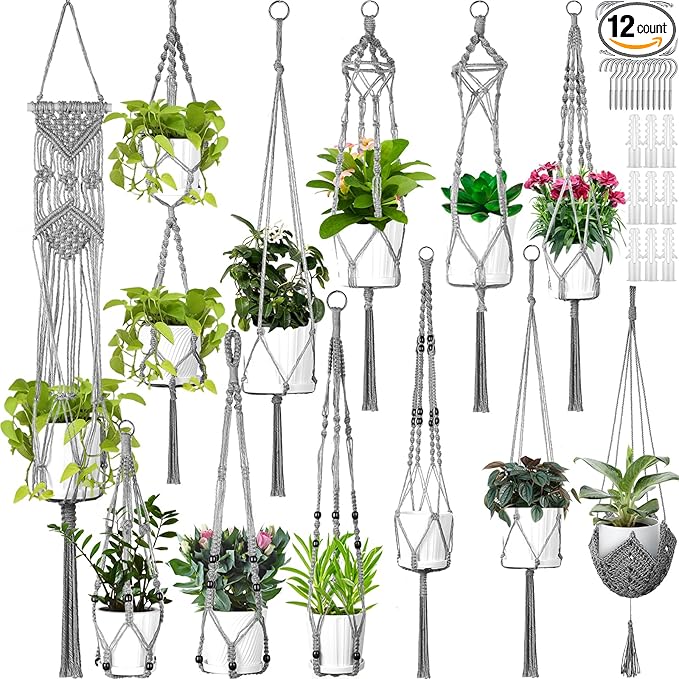 Hoteam 12 Pcs Macrame Plant Hangers Macrame Hanging Planters for Indoor Plants Handmade Boho Hanging Baskets Flower Pots Holder for Outdoor Home Wall Decor-VerdiqueGarden
