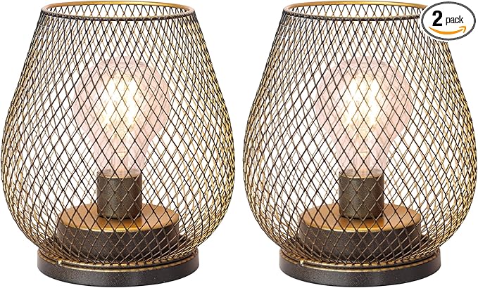 DECORKEY Set of 2 Battery Operated Lamp LED Table Lantern, Golden Metal Cage Cordless Lamps with LED Bulb，Vintage Decorative Outdoor Lantern for Weddings, Parties, Patio, Events for Indoor Shelf Decor-VerdiqueGarden