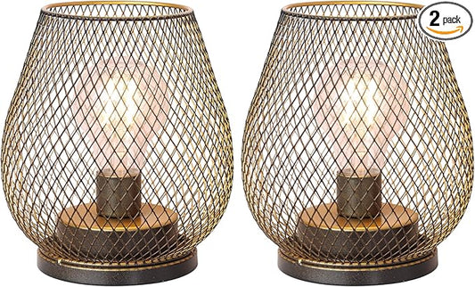 DECORKEY Set of 2 Battery Operated Lamp LED Table Lantern, Golden Metal Cage Cordless Lamps with LED Bulb，Vintage Decorative Outdoor Lantern for Weddings, Parties, Patio, Events for Indoor Shelf Decor-VerdiqueGarden
