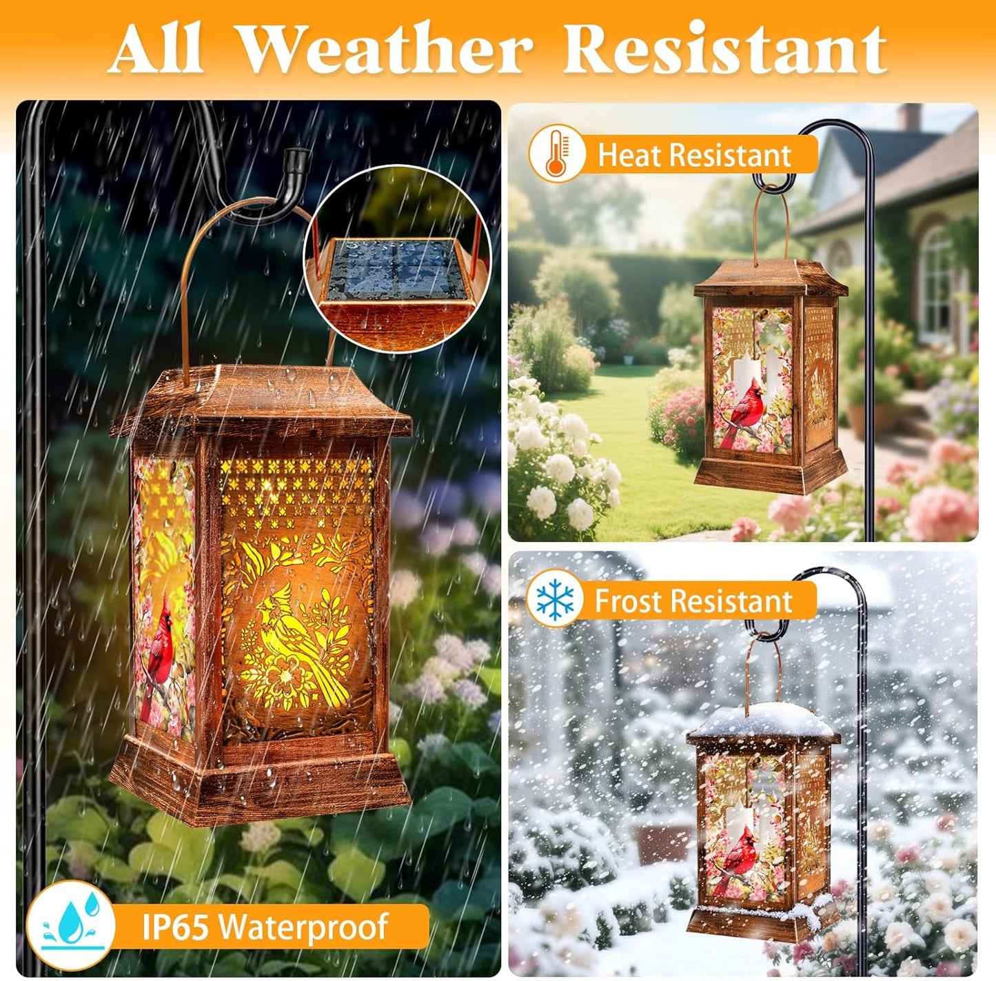Cardinal Solar Lanterns Outdoor Waterproof, Metal & Glass Hanging Lights Garden Decor, Birthday Gifts for Women Mom Grandma Mothers Day, Decorative Lights for Outside Yard Patio Backyard Porch-VerdiqueGarden
