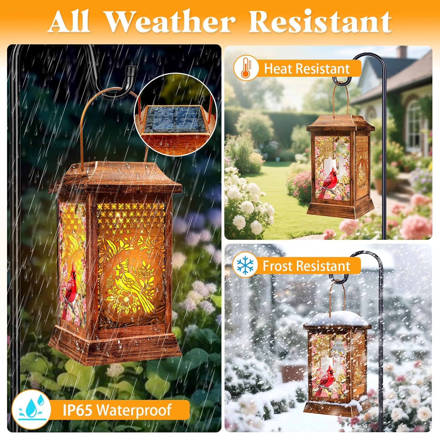 Cardinal Solar Lanterns Outdoor Waterproof, Metal & Glass Hanging Lights Garden Decor, Birthday Gifts for Women Mom Grandma Mothers Day, Decorative Lights for Outside Yard Patio Backyard Porch-VerdiqueGarden