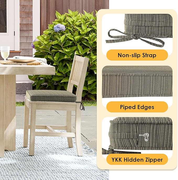 Outdoor Square Corner Seat Cushion, 19"x19"x3", Set of 4, Non Slip Seat Cushion Pads with Removable Cover for Patio Furniture, Garden Yard Lawn, Dark Black Tan Stripe-VerdiqueGarden