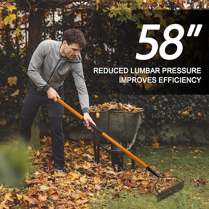 Garden Rake for Gardening, Heavy Duty Garden Rake for Lawns, 14 Tines Bow Rake with Fiberglass Handle, 58 Inches-VerdiqueGarden