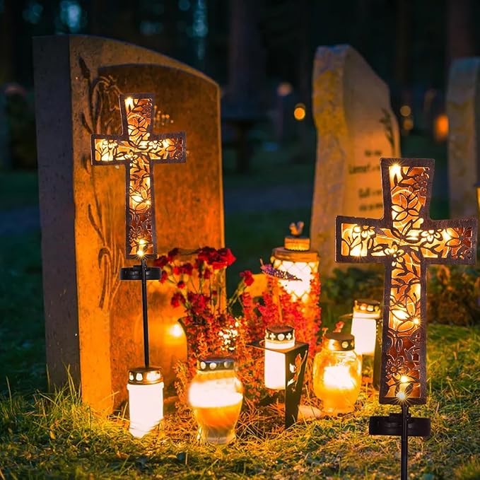 HUYIENO Solar Cross Garden Stake Lights 38inch Metal Outdoor Waterproof Memorial Garden Decor 2 Lighting Modes Cemetery Decorations for Grave for Remembrance Gifts & Sympathy Gifts-VerdiqueGarden