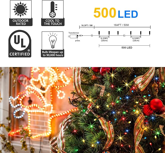 weillsnow 500 LED Multicolor Outdoor Christmas Lights, 164Ft Plug in Waterproof String Lights, 8 Modes with Memory for Outdoor Indoor Garden Halloween Christmas Decorations (Multicolor)-VerdiqueGarden