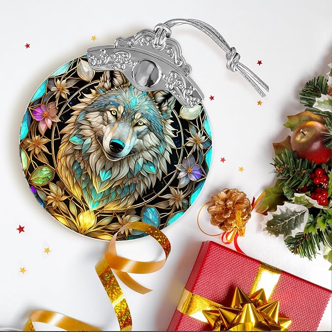 Stained Glass Suncatcher Hanging Ornament, Wolf Decor for Home, Christmas Ornament-VerdiqueGarden