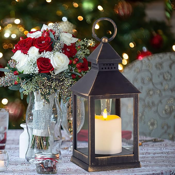 Vintage Golden Brushed Black Lantern Decorative LED Flickering Flameless Candle with Timer, Battery Powered LED Decorative Hanging Lanterns for Indoor Outdoor Garden Yard Home Decor(2 Pack)-VerdiqueGarden