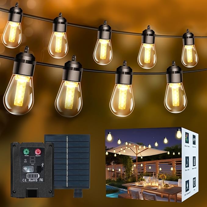 Honche Solar Lights Outdoor Waterproof LED IP66 with 15 Edison Bulb Warm White String Lights Patio Lights Decorate for Christmas Camping Wedding Birthday Backyard Gazebo Party-VerdiqueGarden