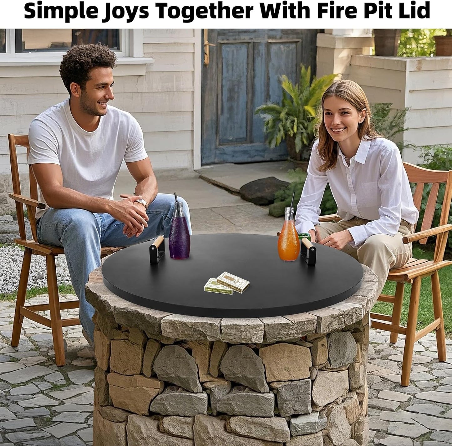 1MORE Fire Pit Lid Round 34" - Metal Firepits Cover with Wooden Handles for Patio Firepits,Rust Resistant 1.5mm Fire Pits Metal Lid, Firepits Accessory, Fire Pits Cover Round, All-season Protective-VerdiqueGarden