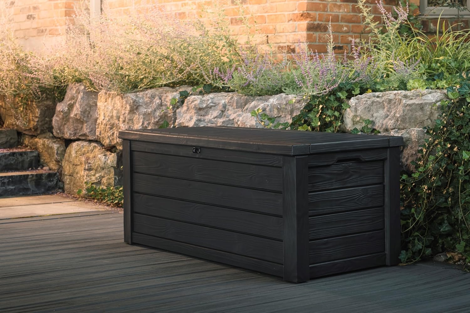 Keter Westwood 150 Gallon Resin Large Outdoor Storage Box for Patio Furniture, Outdoor Cushions, Garden Tools and Pool Floats, Dark Grey-VerdiqueGarden