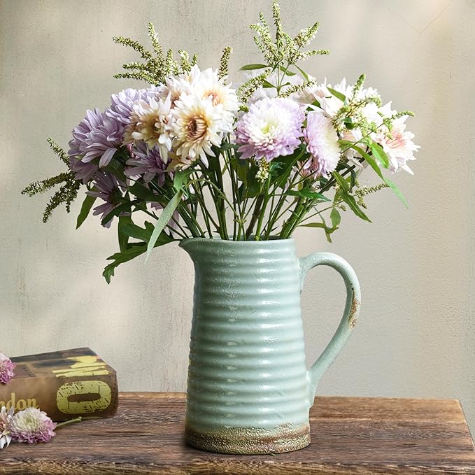 Quoowiit Ceramic Rustic Vase with Handle, Green Distressed Decorative Farmhouse Pitcher Vase for Home Decor Living Room Bedroom Kitchen Office Shelf Decor Centerpiece Table Decoration-VerdiqueGarden