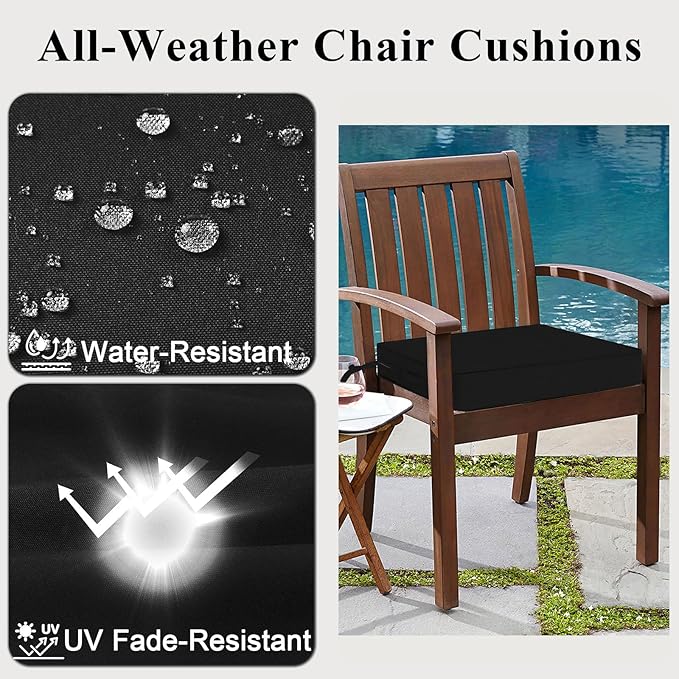 Outdoor Chair Cushions Set of 2 for Patio Furniture 22x22x4 Inch Waterproof Patio Chair Cushion 3 Year Color Fastness Square Elastic Foam Garden Couch Pads with Ties and Handle,Black-VerdiqueGarden
