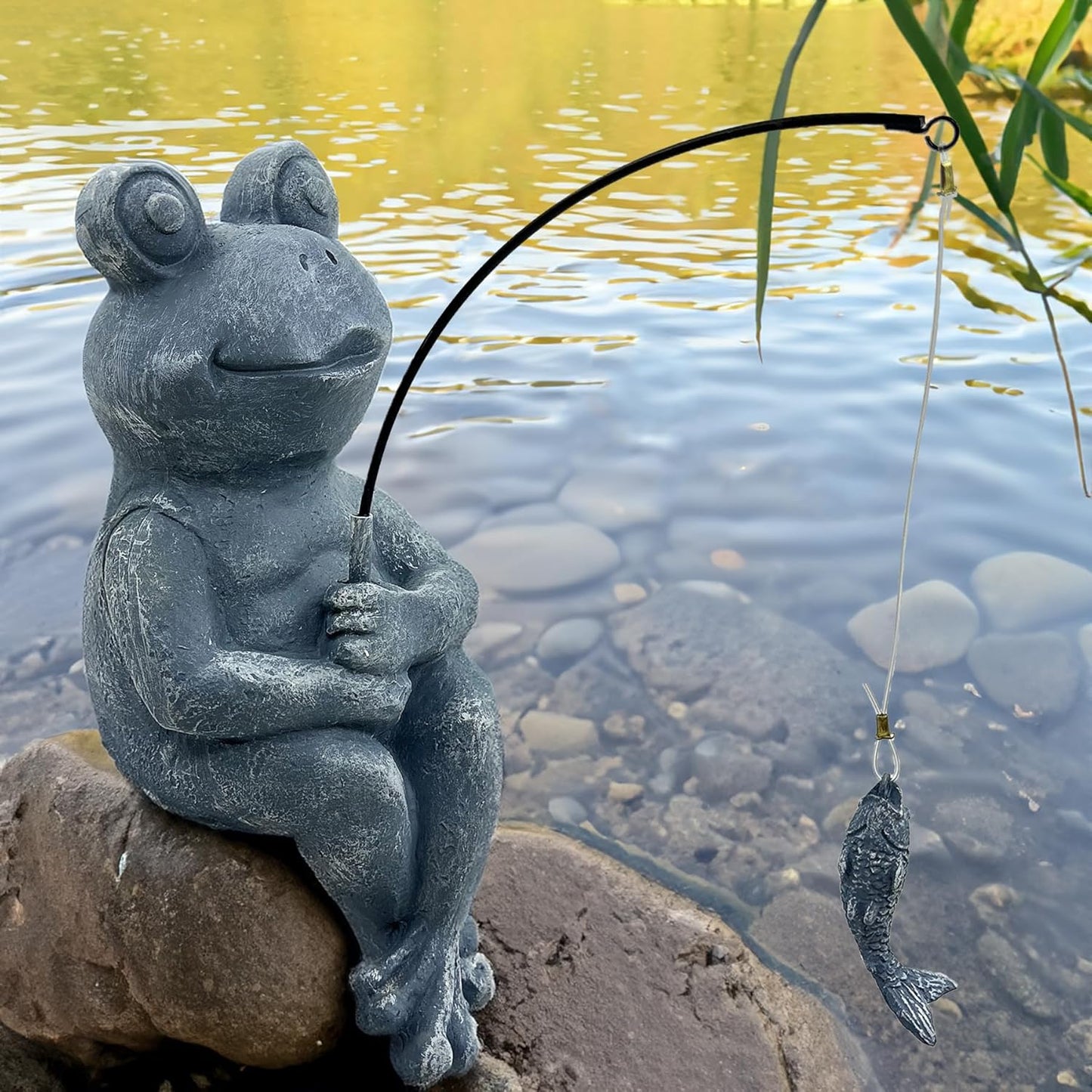 9.5" Fishing Frog Stone Look Sculpture, Whimsical Lawn Yard Art, Funny Garden Pond Fisherman Statue, Resin Animal Decorative Figurine, Ideal for Frog Fishing Lovers-VerdiqueGarden